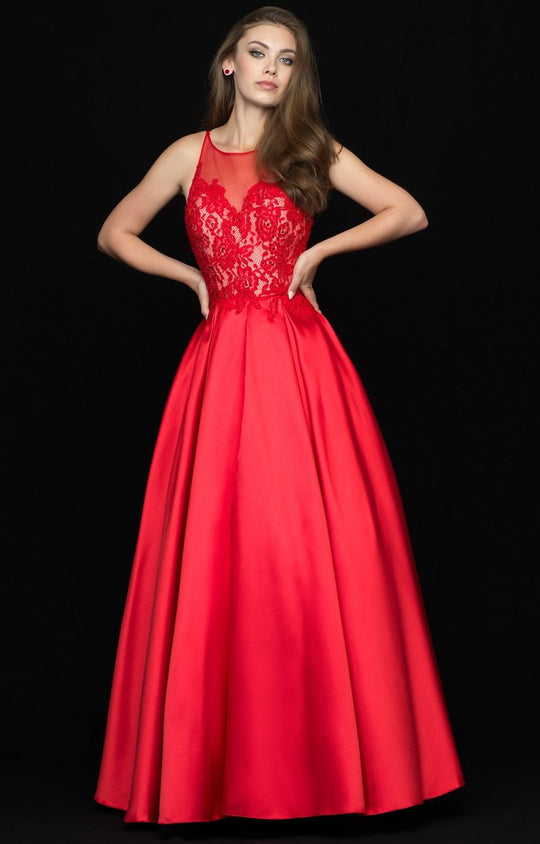 Madison James - 18-729 Sleeveless Illusion Lace Festooned Ballgown In Red