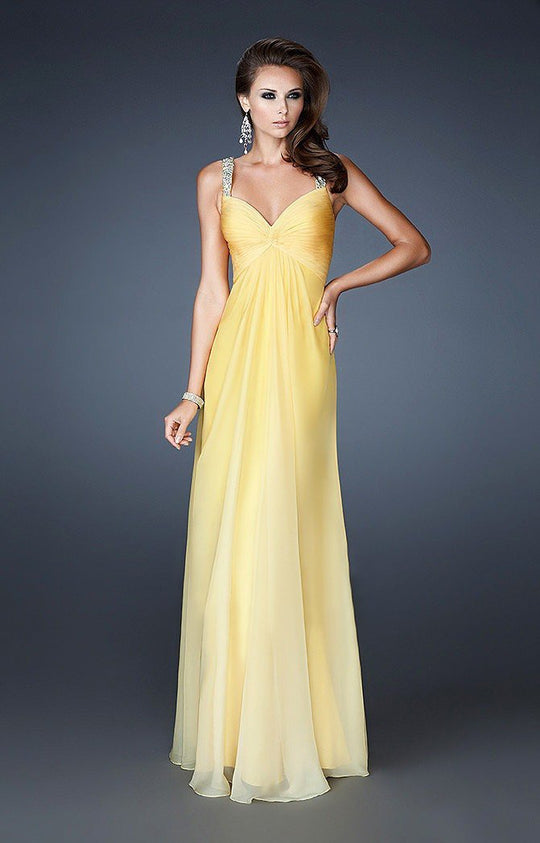 La Femme - 18732 Crystal Beaded V-neck A-line Dress in Yellow