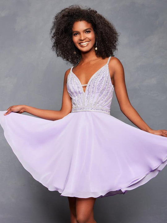 Clarisse - 3621 Beaded Plunging V-neck Chiffon A-line Dress In Purple