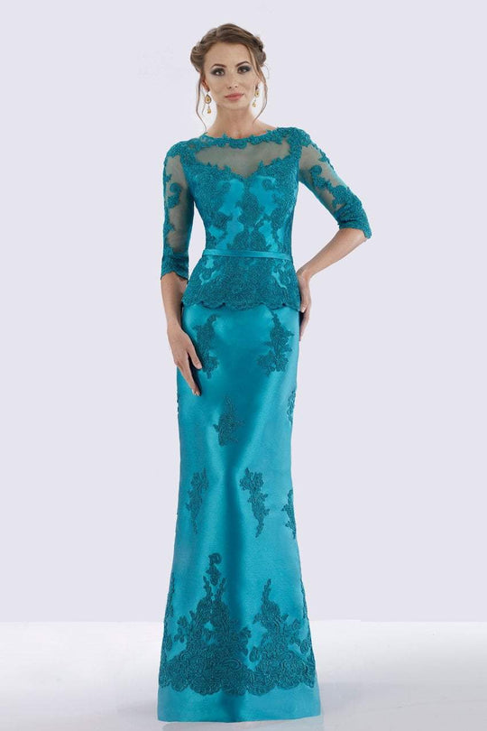 Feriani Couture - 18740 Quarter Sleeve Appliqued Peplum Long Gown In Blue and Green