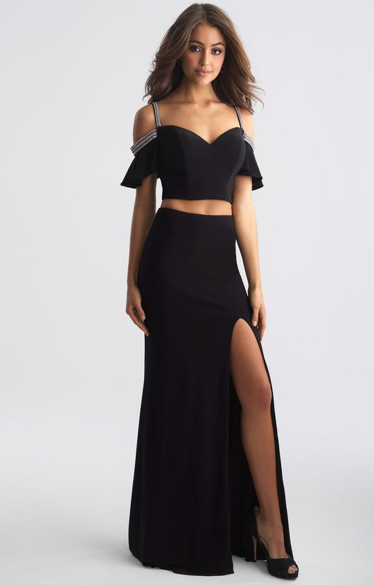 Madison James - 18-745 Crystal-Adorned Off-Shoulder Sheath Gown In Black