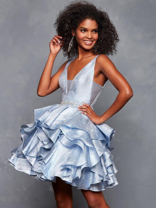 Clarisse - 3626 Plunging V-Neck Tiered Ruffle Cocktail Dress In Blue