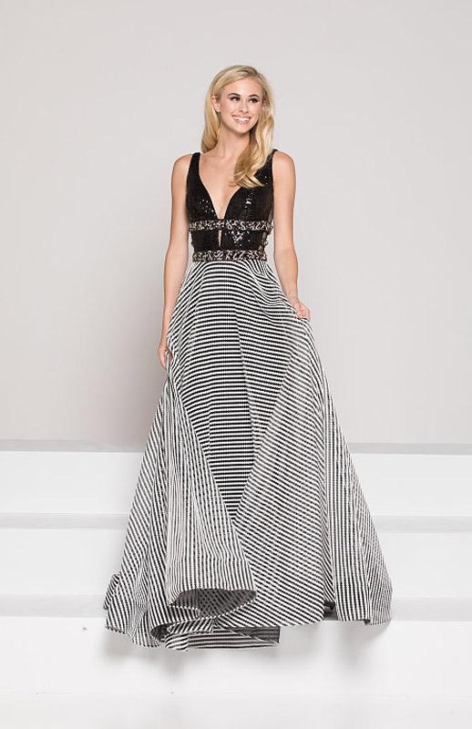Colors Dress - 1876 Plunging Ornate Banded Stripe Gown In Black and White