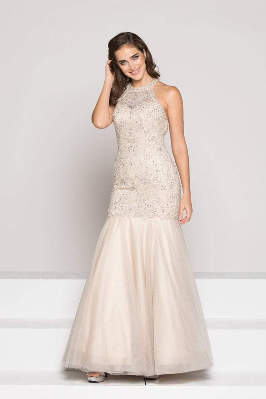 Colors Dress - 1877 Embellished Halter Mermaid Dress In Gray and Neutral