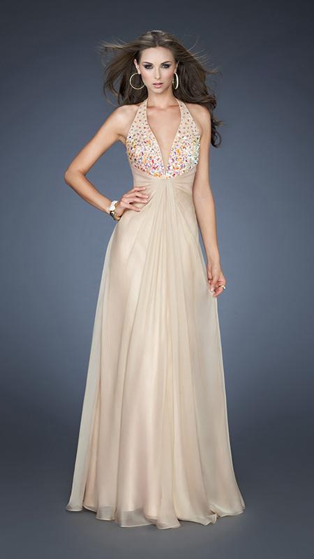 La Femme - Shimmering Halter-Style Chiffon Empire Gown 18795M In Neutral