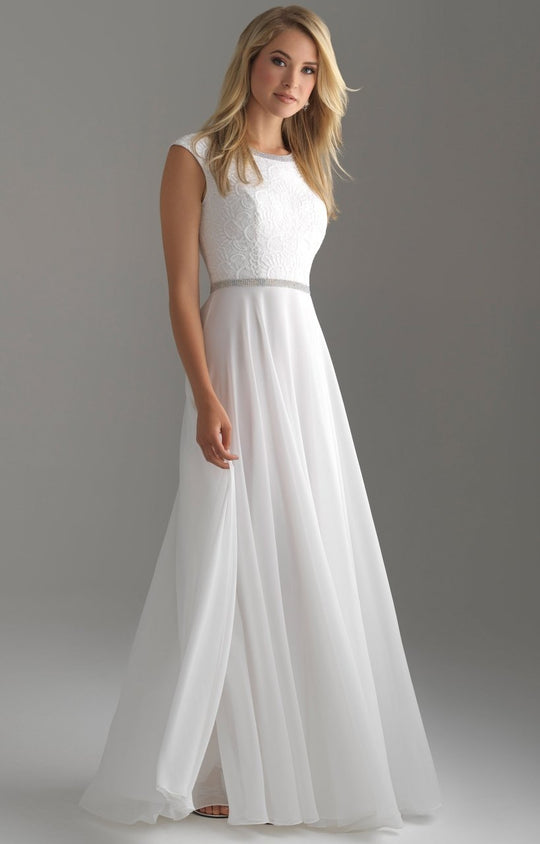 Madison James - 18-802M Cap Sleeve Jewel Trimmed Lace Bodice Gown In White