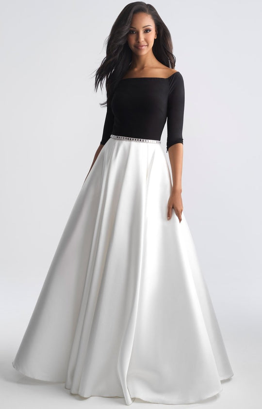 Madison James - 18-808M Quarter Sleeve Off-Shoulder Ornate Ballgown In Black and White