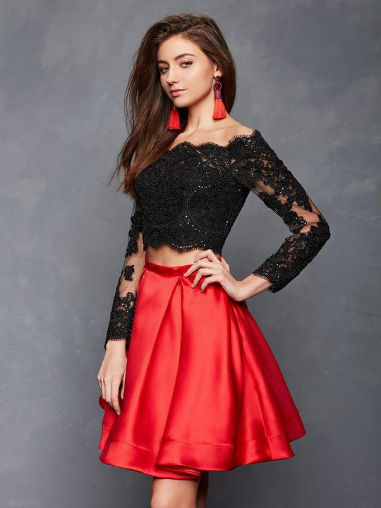 Clarisse - S3581 Two Piece Two Toned Lace Mikado A-line Dress In Black And Red
