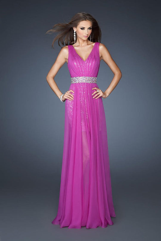 La Femme - Beaded Crystal V Neck Gown 18865 in Pink