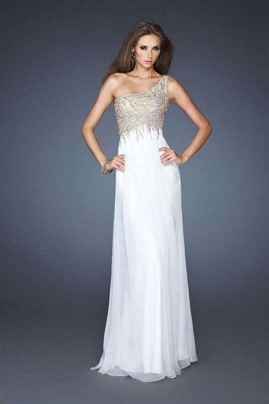 La Femme - 18868 Beaded One Shoulder Chiffon Dress In White and Neutral