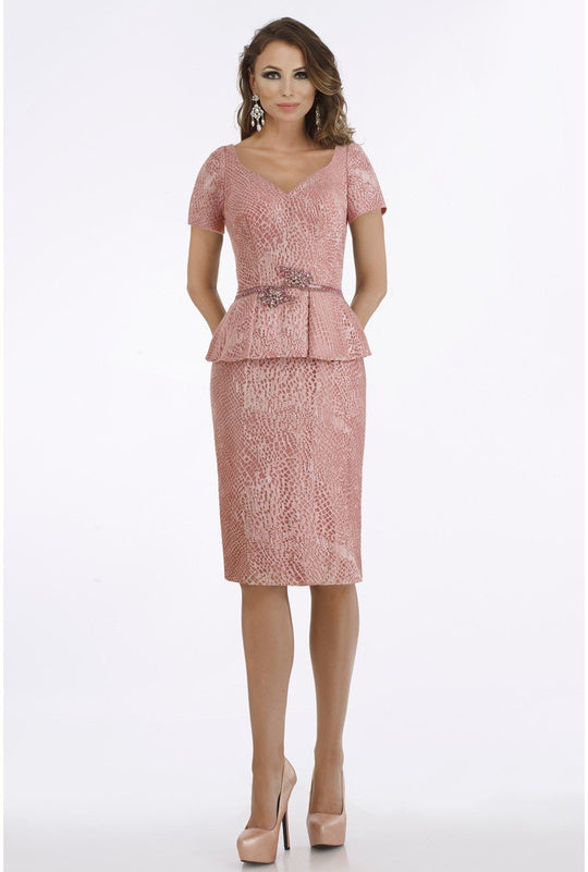 Feriani Couture - 18890 V-Neck Short Sleeves Peplum Cocktail Dress In Pink