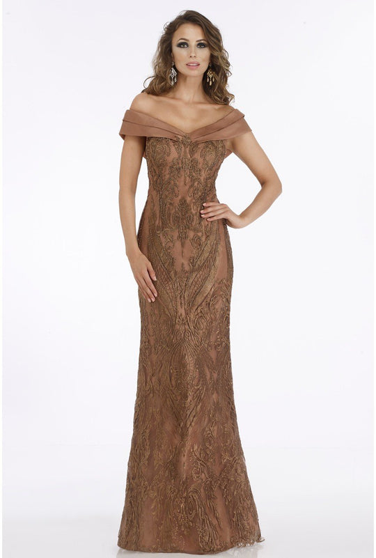 Feriani Couture - 18900 Embellished Off-Shoulder Sheath Dress In Brown