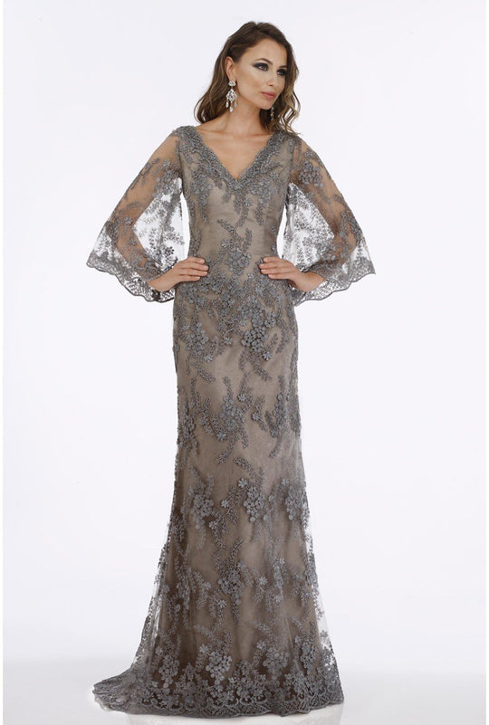 Feriani Couture - 18907 Floral Embroidered V-neck Trumpet Dress In Silver