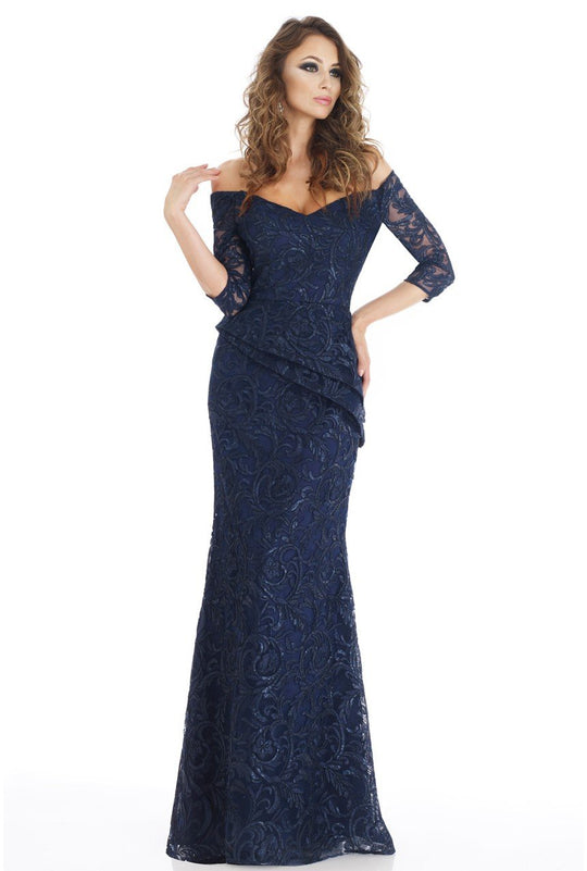 Feriani Couture - 18911 Quarter Sleeve Embroidered Peplum Long Gown In Blue