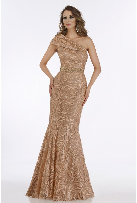 Feriani Couture - 18916 Pleated Asymmetrical Trumpet Lace Gown In Brown and Neutral