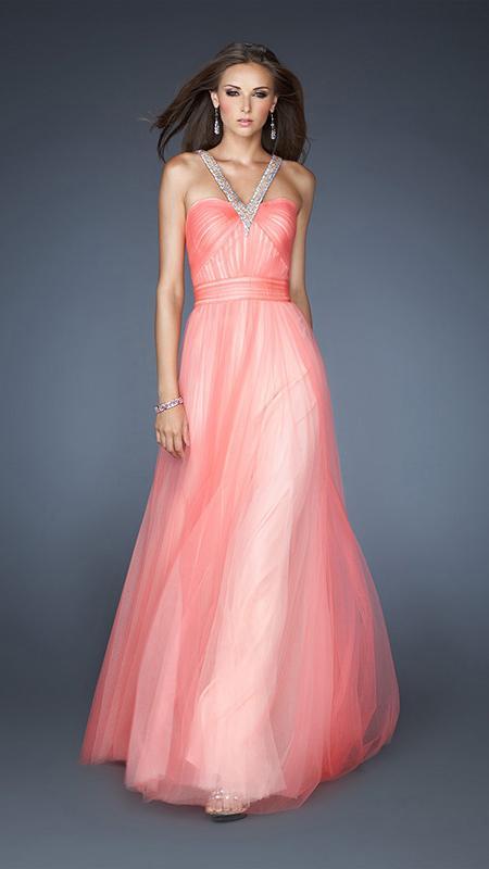 La Femme - Elegant Chiffon Gown with Ruched Bodice 18983 In Pink