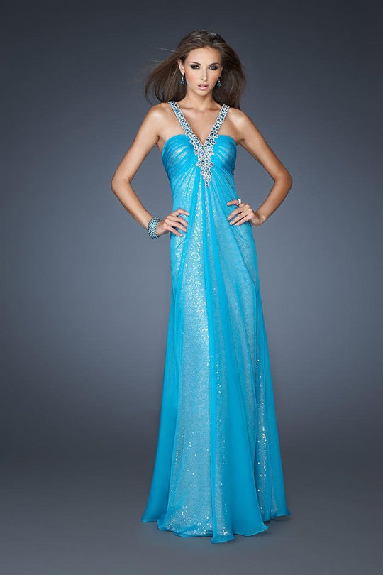 La Femme - 18985 Sequined Halter Chiffon Dress In Blue
