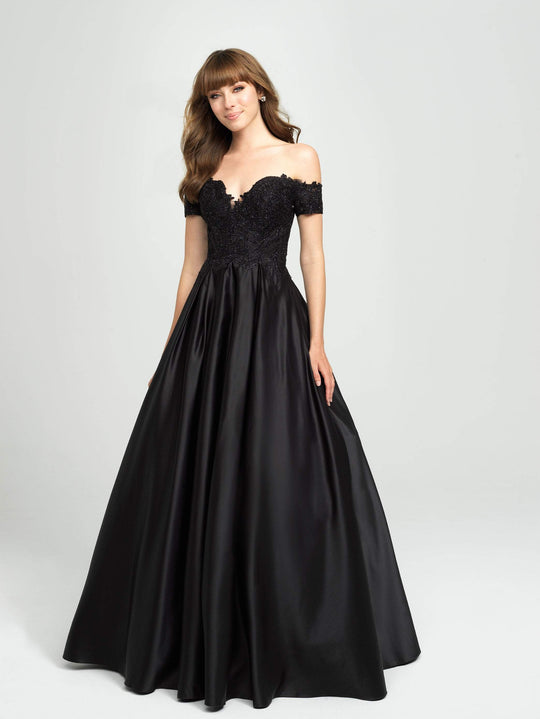 Madison James - 19-102 Off-Shoulder Beaded Applique Satin A-Line Gown In Black