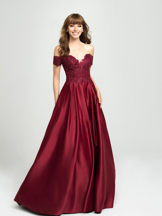 Madison James - Beaded Appliqued Off Shoulder Satin A-Line Gown 19-102  In Red