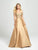 Madison James - 19-102 Off-Shoulder Beaded Applique Satin A-Line Gown In Gold