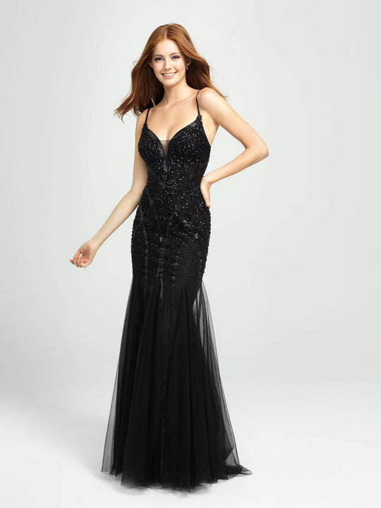 Madison James - 19-105 Beaded Plunging Bodice Godet Trumpet Gown In Black
