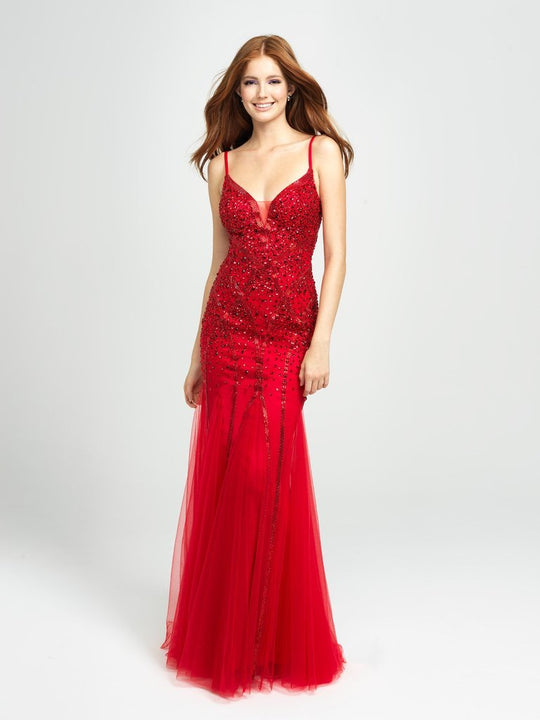 Madison James - Beaded Plunging Godet Trumpet Evening Dress 19-105 In Red
