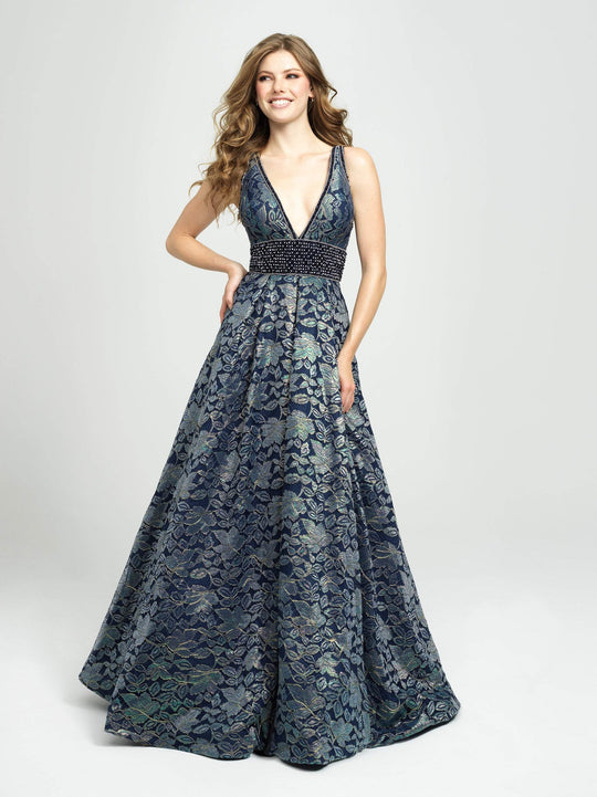 Madison James - 19-114 Iridescent Laser Cut Lace A-line Dress In Blue and Green