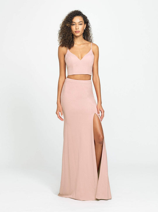 Madison James - 19-123 Crop Top Sheath Skirt with Slit Jersey Dress In Pink