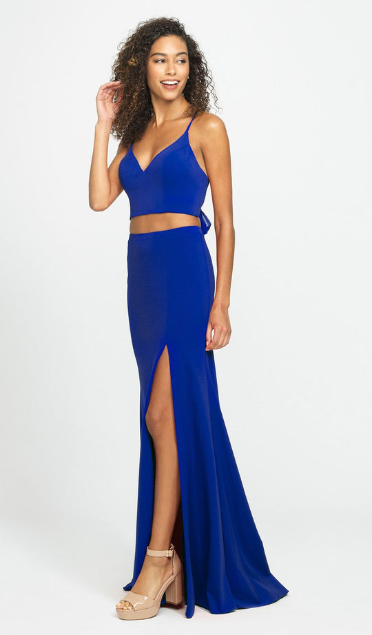 Madison James - Crop Top Sheath Skirt with Slit Jersey Dress 19-123 In Blue