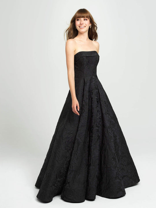 Madison James - 19-124 Strapless Floral Brocade Evening Gown In Black