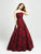 Madison James - 19-124 Strapless Floral Brocade Evening Gown In Red and Black