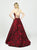 Madison James - 19-125 Halter Strappy Back Floral Brocade Evening Gown In Red and Black