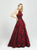 Madison James - 19-125 Halter Strappy Back Floral Brocade Evening Gown In Red and Black