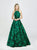 Madison James - 19-125 Halter Strappy Back Floral Brocade Evening Gown In Green and Black