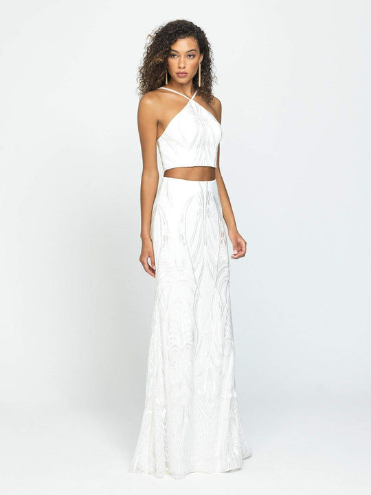 Madison James - 19-128 Two-Piece Embroidered Halter Sheath Gown In White