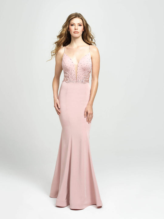 Madison James - 19-135 Jeweled Lace Plunging Mermaid Gown In Pink
