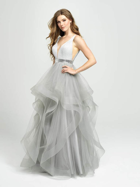 Madison James - Plunging V-Neck Ruffled Evening Gown 19-138  In Silver