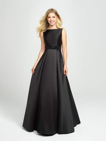 Madison James - Embellished Bateau Mikado Pleated A-line Dress 19-145 In Black