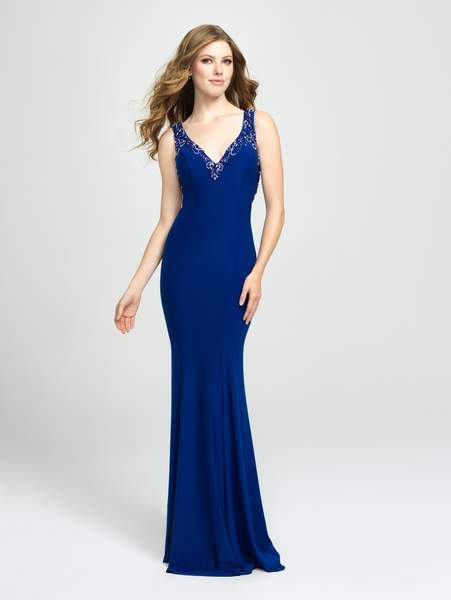 Madison James - Beaded Plunging V-Neck High Slit Gown 19-150 In Blue