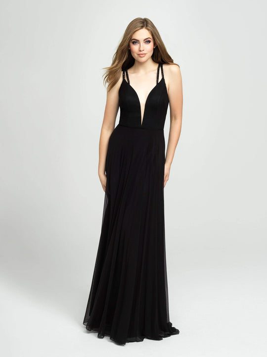 Madison James - 19-152 Illusion Plunging Sparkling Straps A-Line Gown In Black