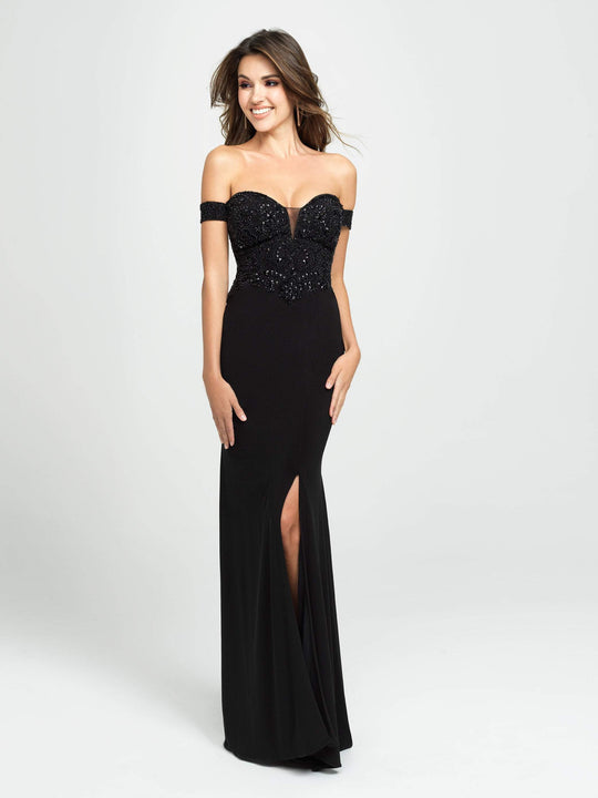 Madison James - 19-162 Beaded Off-Shoulder Gown with Slit In Black