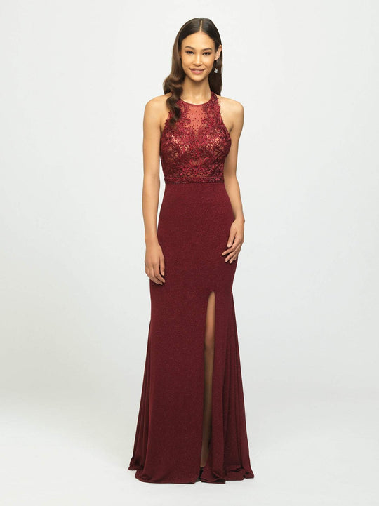 Madison James - 19-168 Beaded Embroidered Halter Evening Dress In Red