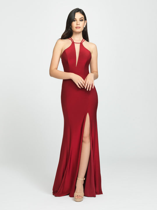 Madison James - 19-170 Strappy Halter Gown with Slit In Red