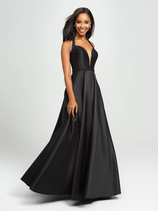 Madison James - 19-171 Bejeweled Halter Satin A-Line Gown In Black
