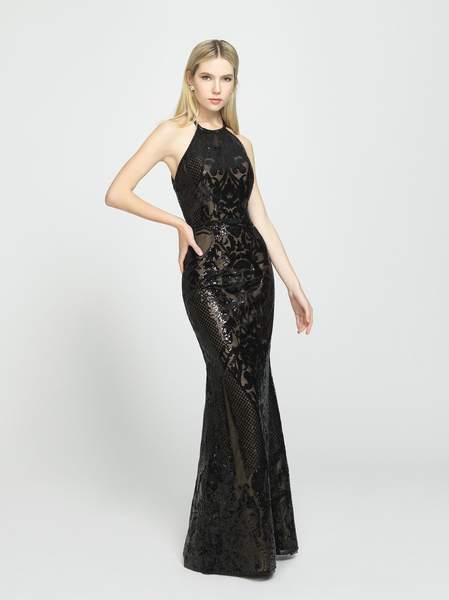 Madison James - Sequined Halter Trumpet Dress 19-173 In Black