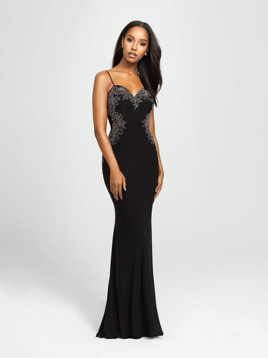 Madison James - 19-182 Intricate Floral Beaded Illusion Midriff Gown In Black