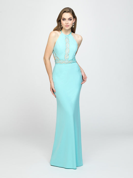 Madison James - 19-184 Lace Halter Stretch Satin Trumpet Dress In Blue