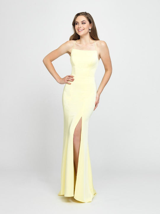 Madison James - Crisscross Strapped Backless Dress with Slit 19-185 In Yellow
