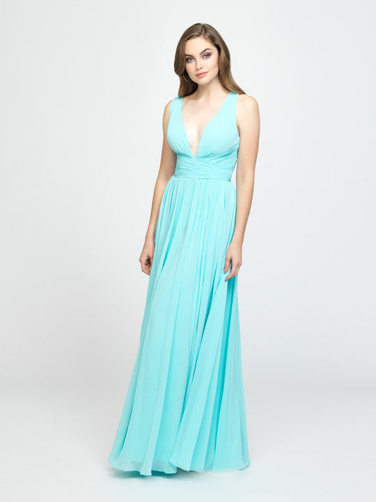 Madison James - 19-193 Plunging Neck Empire Waist Chiffon A-Line Gown In Blue