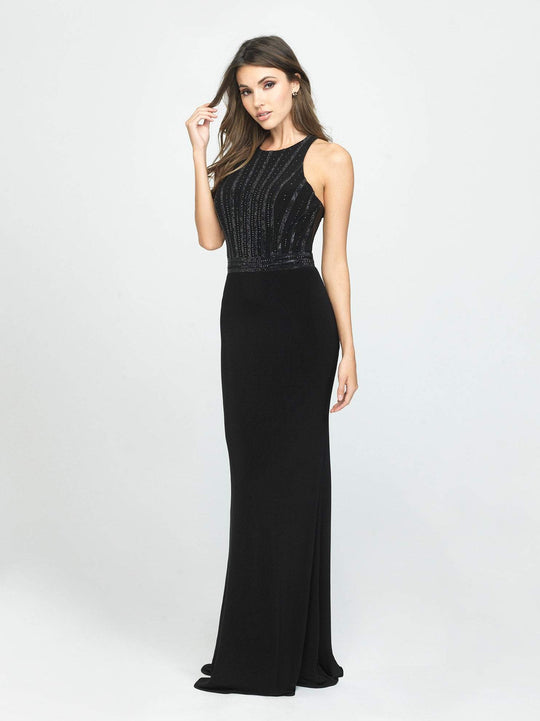 Madison James - 19-197 Beaded Jersey Halter Trumpet Dress In Black
